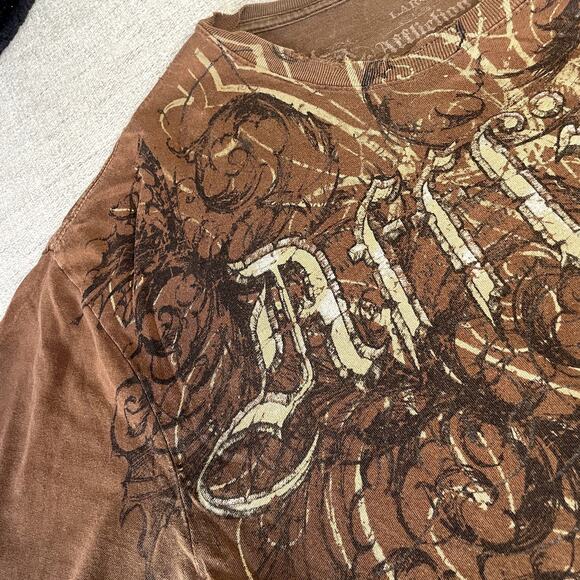 AFFLICTION Brown Wings Alt Large Distressed Gothic God Tee Shirt Cross - Picture 3 of 5